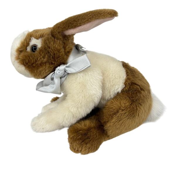Kids of America Bunny Plush Brown White Crouching Rabbit Satin Bow 10 Inch - Picture 1 of 8